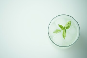 Top view of lemonade with ice cubes and mint in a glass on a light background with copy. A refreshing summer drink.