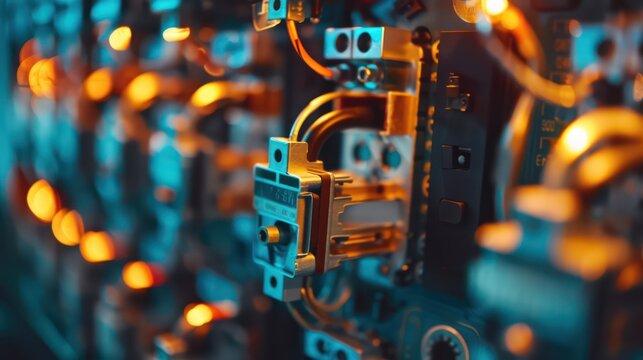 Detailed macro image of an MCB with visible metal contacts, insulated wires and trip mechanism in action.