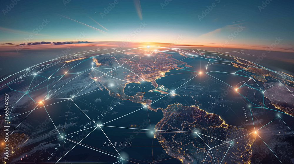 Poster World Map with Glowing Network Connections at Sunset. Top View of Earth with Luminous Links Between Cities, Representing Worldwide Communication and Data Exchange.