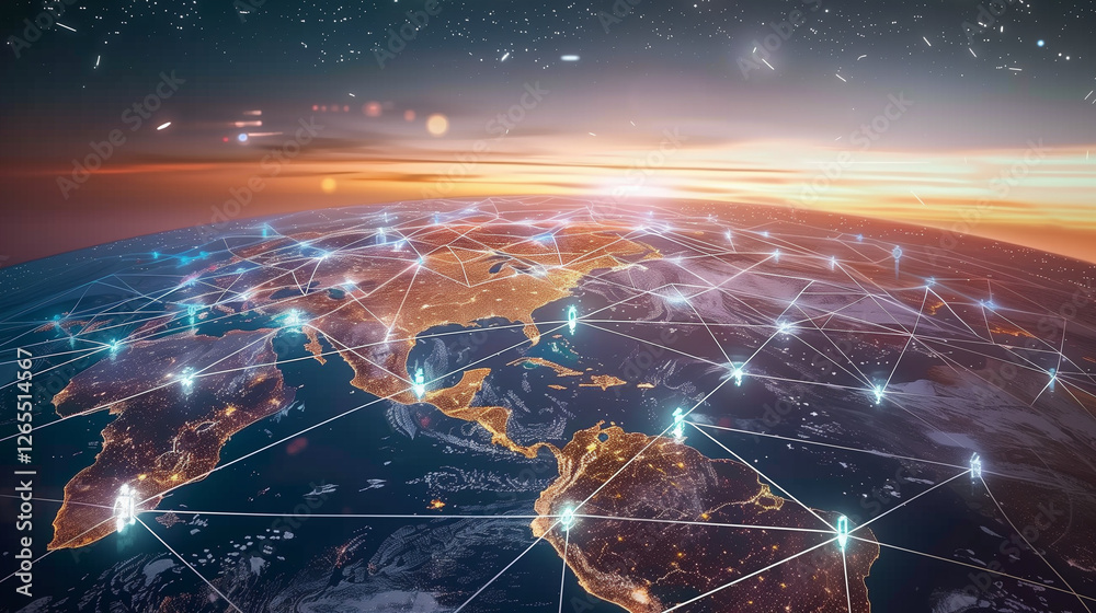Poster world map with glowing network connections at sunset. top view of earth with luminous links between 