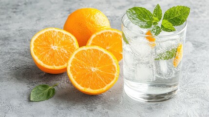 Fresh Orange Sparkling Water Drink on Gray Surface