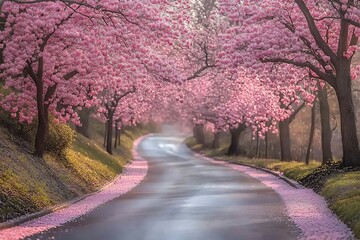 Serene spring road lined with blooming cherry blossom trees, creating a picturesque scene