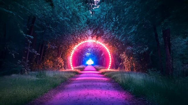 Colorful illuminated pathway through a forest at twilight showcasing vibrant lights and nature's beauty