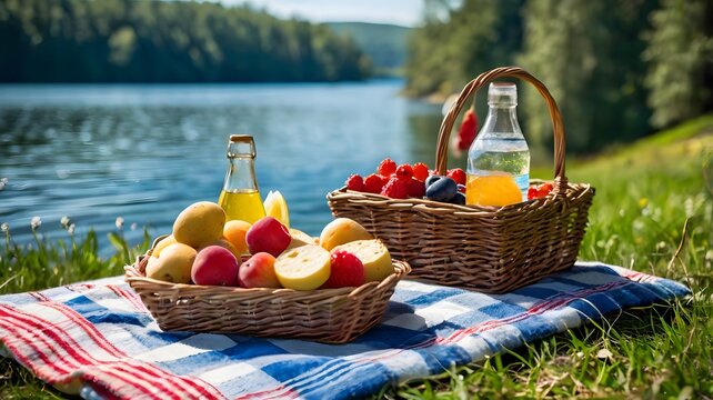 Picnic basket filled with fresh fruits and bread on a blue checkered blanket by a lake. Outdoor leisure concept.