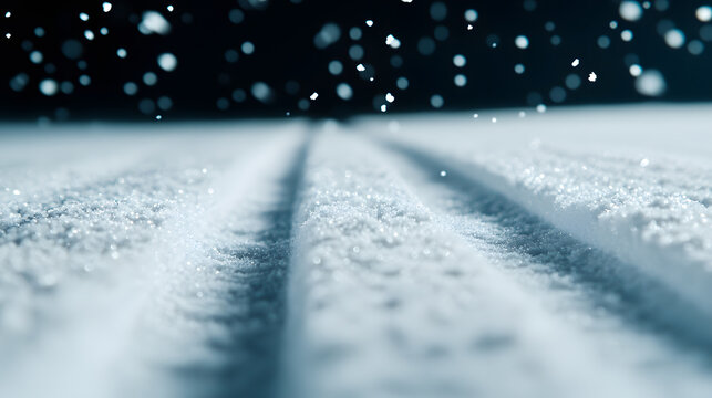 Snowy Scene: a close-up shot of snow-covered ground with parallel tracks in winter. Falling snowflakes add a magical touch. Winter wonderland in detail.
