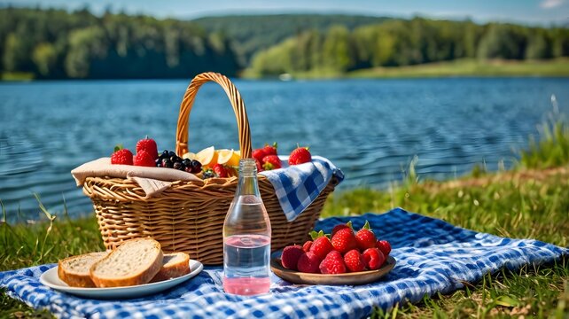 Picnic basket filled with fresh fruits and bread on a blue checkered blanket by a lake. Outdoor leisure concept. - Powered by Adobe