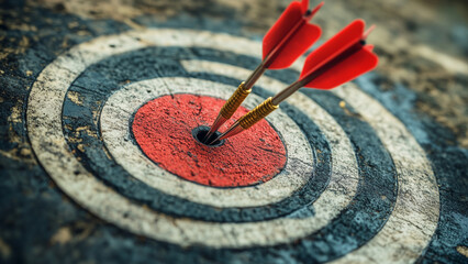 two red arrows hitting the bullseye of a worn target.  The target shows signs of use and age, adding to the image's rustic charm