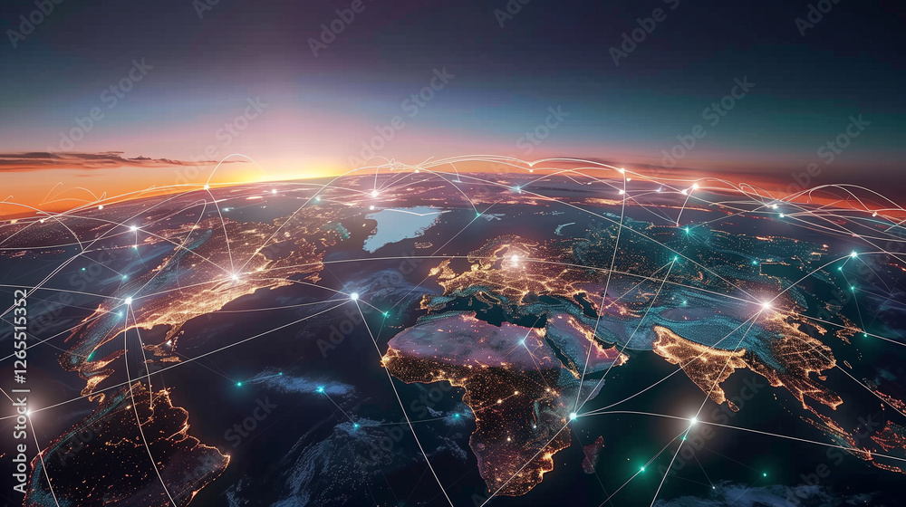 Poster World Map with Glowing Network Connections at Sunset. Top View of Earth with Luminous Links Between Cities, Representing Worldwide Communication and Data Exchange.