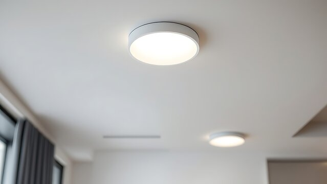 Spotlights recessed ceiling 3D render. Realistic interior room with round glowing downlights at night. Artificial lighting, LED lamps for home or office on dark background, angle view