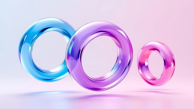 Glass or crystal ring in different angle view, 3d render. Abstract figure of geometric shape with holographic gradient texture, isolated glossy iridescent object, set of graphic icons. 3D illustration