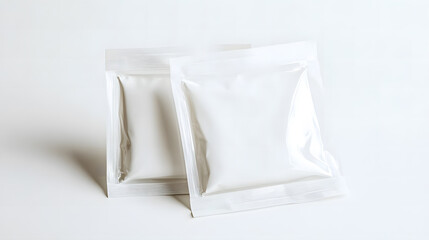 Two white plastic pouches arranged symmetrically, under soft shadows.