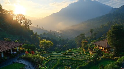Serene sunrise over lush terraced rice fields, framed by mountains and misty valleys