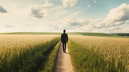 Man walks path through wheat field, sunset