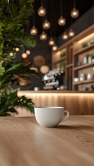 White coffee cup on a wooden table in trendy coffee house, cozy atmosphere. Mockup, space for text
