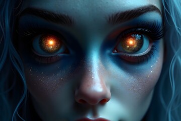 Naklejka premium A hyper-detailed face with pupils shaped like galaxies swirling in space.