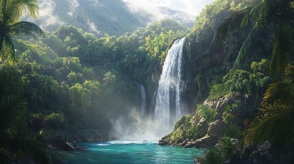 majestic waterfall crashing down into a turquoise pool, surrounded by lush tropical jungle, mist rising from the base