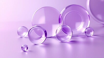Glass circular disks with rainbow effect of light refraction from prism or crystal 3d render. Clear acrylic plates, round flat panels with lens flare on purple geometric background