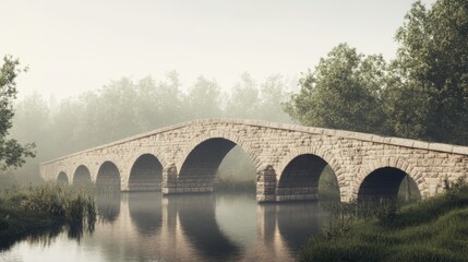Fototapeta premium Misty morning stone bridge over calm river, tranquil forest background; ideal for travel brochures