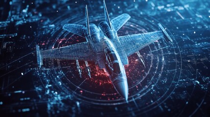 Futuristic jet fighter overlaid with digital network in a city background