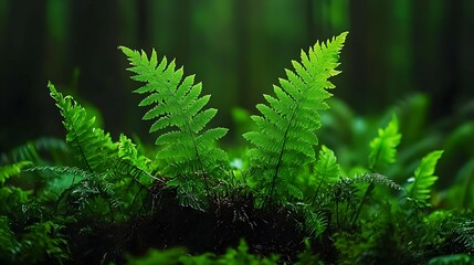 Vibrant Green Ferns Growing On Mossy Ground In Dark Forest
