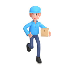 Delivery courier man in blue uniform holding cardboard package box. Safe delivery of goods concept. 3d people character illustration. Cartoon minimal style. PNG background