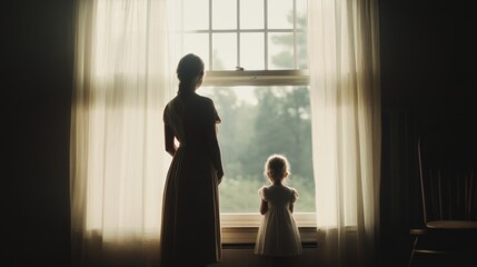 Fototapeta premium Mother, daughter, window, nature view, hope