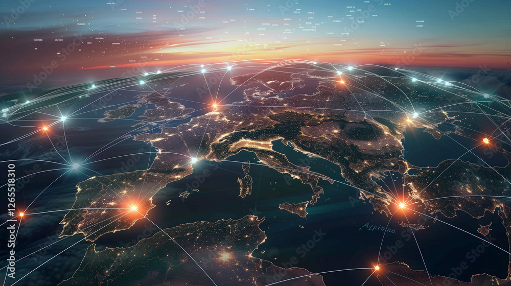Poster World Map with Glowing Network Connections at Sunset. Top View of Earth with Luminous Links Between Cities, Representing Worldwide Communication and Data Exchange.