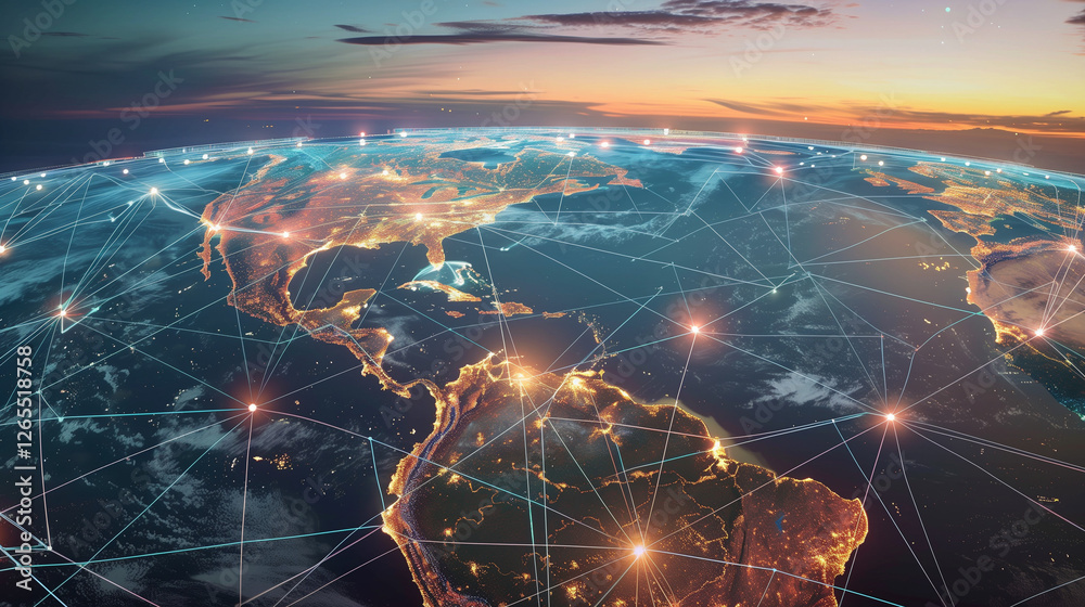 Poster world map with glowing network connections at sunset. top view of earth with luminous links between 