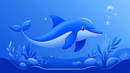 Naklejka premium Playful dolphin swims serenely in vibrant blue underwater scene. AI Generated