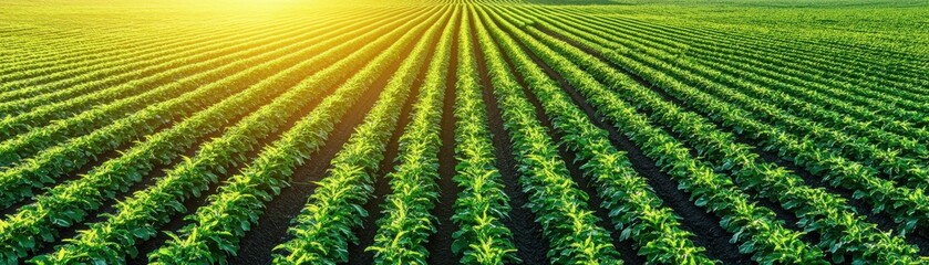 A vibrant green field stretches under a golden sun, showcasing neatly arranged rows of crops and the beauty of agricultural land.