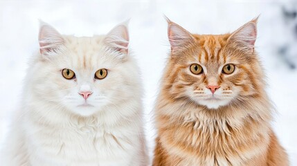 Two Fluffy Cats White And Ginger In Snowy Winter