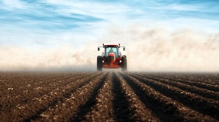 A red tractor plows through dusty fields under a clear blue sky, creating rows in freshly tilled soil.