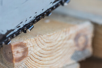 A chainsaw is cutting into a piece of wood