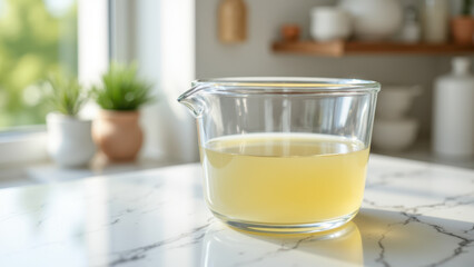Beef tallow in a glass jar with metal clamps on a kitchen counter.