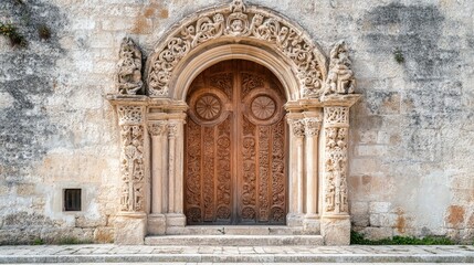 An ancient church doorway with intricate carvings and a peaceful ambiance.
