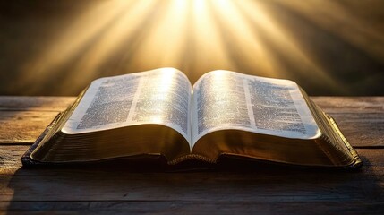 An open Bible on a wooden table with soft golden light illuminating the pages.
