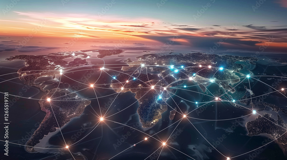 Poster World Map with Glowing Network Connections at Sunset. Top View of Earth with Luminous Links Between Cities, Representing Worldwide Communication and Data Exchange.