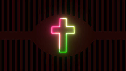 Glowing neon line Christian cross icon isolated on durk red background. Church cross.