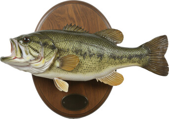 Fototapeta premium Bass Fish Mounted on a Wooden Plaque Display, Isolated Transparent png 