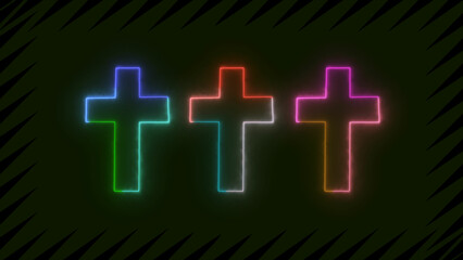 Glowing neon line Christian cross icon isolated on durk red background. Church cross.