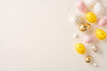 A festive layout of golden, yellow, and pastel-colored decorated Easter eggs on a neutral...