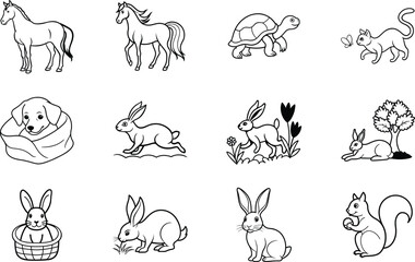 Cute Animals Illustrations Horses, Rabbits, Cat, Dog, Turtle, Squirrel
