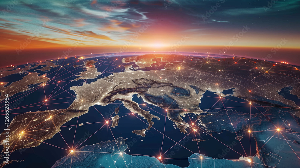 Poster World Map with Glowing Network Connections at Sunset. Top View of Earth with Luminous Links Between Cities, Representing Worldwide Communication and Data Exchange.