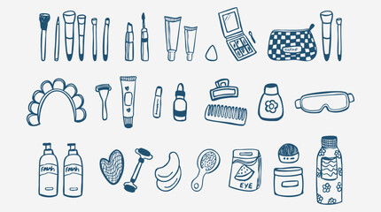 Makeup and skin care line doodle collection, beauty cream elements, lipstick, mascara, mask, moisturizing. Vector illustration