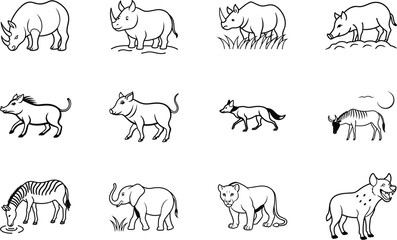 African Wildlife Line Drawings Rhino, Warthog, Wildebeest, Zebra, Lion