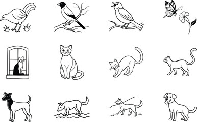 Simple Line Drawings of Domestic and Wild Animals and Nature