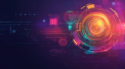 Obraz premium A digital transformation background with floating elements and neon lights.