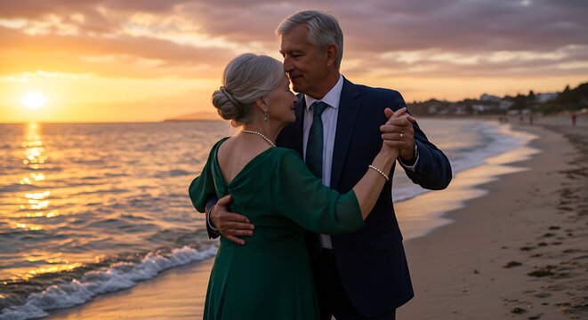 Una pareja de ancianos bailando en la playa
