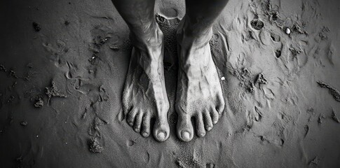 Pair of bare feet stand on textured wet sand