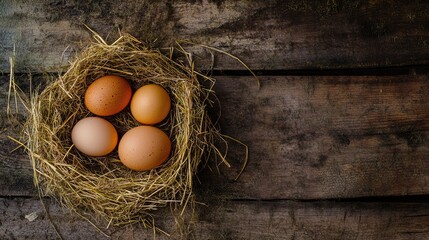 A flat lay of fresh farm eggs in a nest with scattered straw, creating space for a text overlay.
